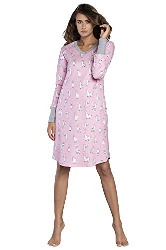 Italian Fashion IF Damen warme Nachthemd Nachtwäsche aus Baumwolle Rundhals Lässige Schlafhemd Sleepshirt Sleepwear Schlafanzug Model Herbst und Winter 2021 (S, Rosa/Melange)
