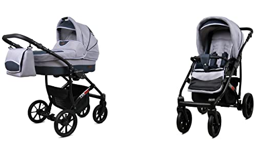 BabyLux Largo 2-in-1 Baby Kinderwagen Tief und Kinderwagen mit Zubehör Verstellbar und faltbar Aluminiumkonstruktion Wasserdicht Nicht abnehmbare Räder Silver Black Frame