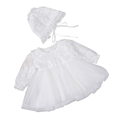 Happy Cherry Mädchen Prinzessin Baby Taufkleid Festlich Kleid Blumenmädchenkleid Mütze Hochzeit Partykleid-Langarm Weiß-6-12 Monate