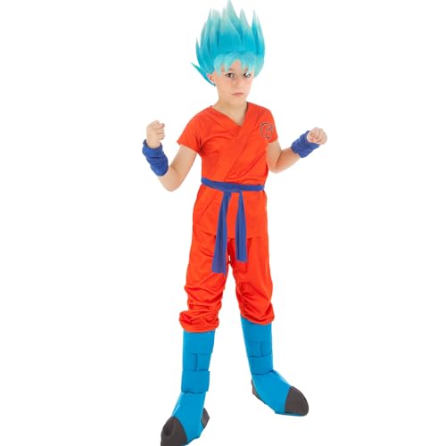 Krause & Sohn Dragonball Kostüm Goku Saiyan Super für Kinder deluxe inkl. blauer Perücke Fasching Karneval Cosplay (152)