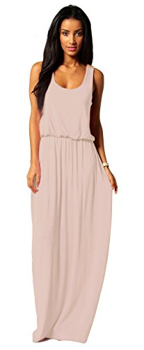 Mikos Damen-Kleid, Bodenlanges Maxikleid, ideal für Sommer und Urlaub, Boho-Style S M L 36 38 40 (369) (Beige, L/XL)