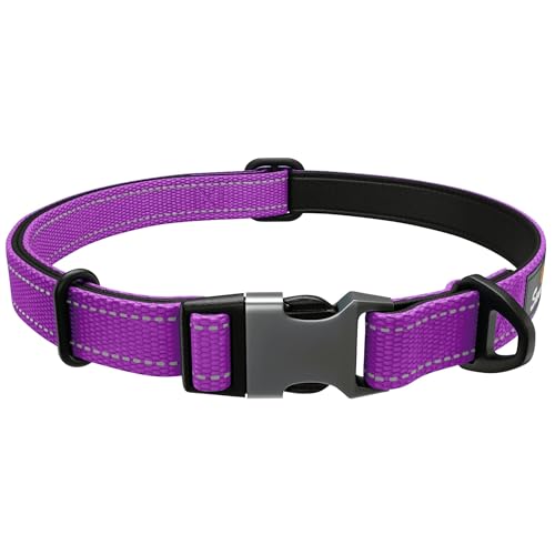 Starkes Hundehalsband für große Hunde, Violett, reflektierend, verstellbar, gepolstert, Hundehalsbänder aus Metallschnalle, Aluminium-V-Ring, Hundesicherheit