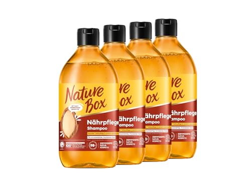 Nature Box Shampoo Nährpflege (4x 385 ml), Shampoo für trockenes Haar mit kaltgepresstem Argan-Öl, Haarshampoo für intensive Pflege, Flasche aus 100% recyceltem Social Plastic