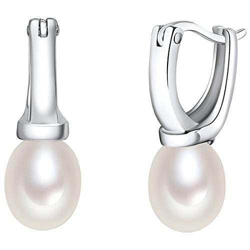 Valero Pearls Damen-Creolen 925 Silber rhodiniert hochwertige Süßwasser-Zuchtperlen Creme - Perlen-Ohrhänger mit echten Perlen Cremen-weiß Klappcreolen 60925004