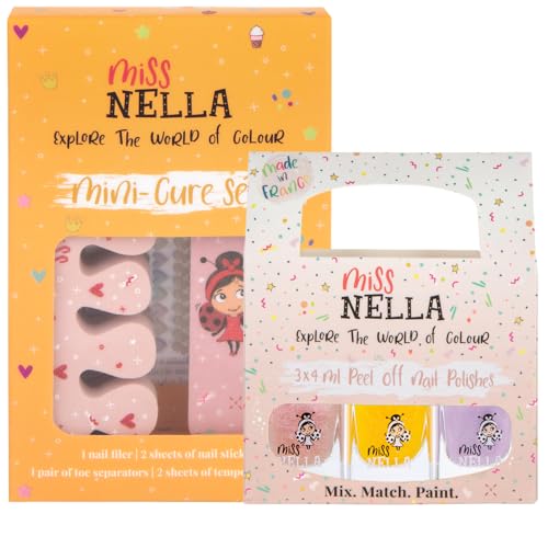 Miss Nella NAGELKIT & PIXIE DUST- Nagelzubehör für Kinder- 3 abziehbare Nagellacke, Nagelaufkleber, Tattoos, Nagelfeile & Zehenspreizer- speziell gefertigt für Kinderhände,- und Füße.