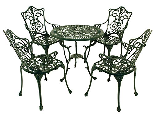 DEGAMO Gartenset Jugendstil in Nostalgie Optik 5-teilig, Aluguss duneklgrün, wetterfest, 4X Sessel und 1x Tisch 70cm rund