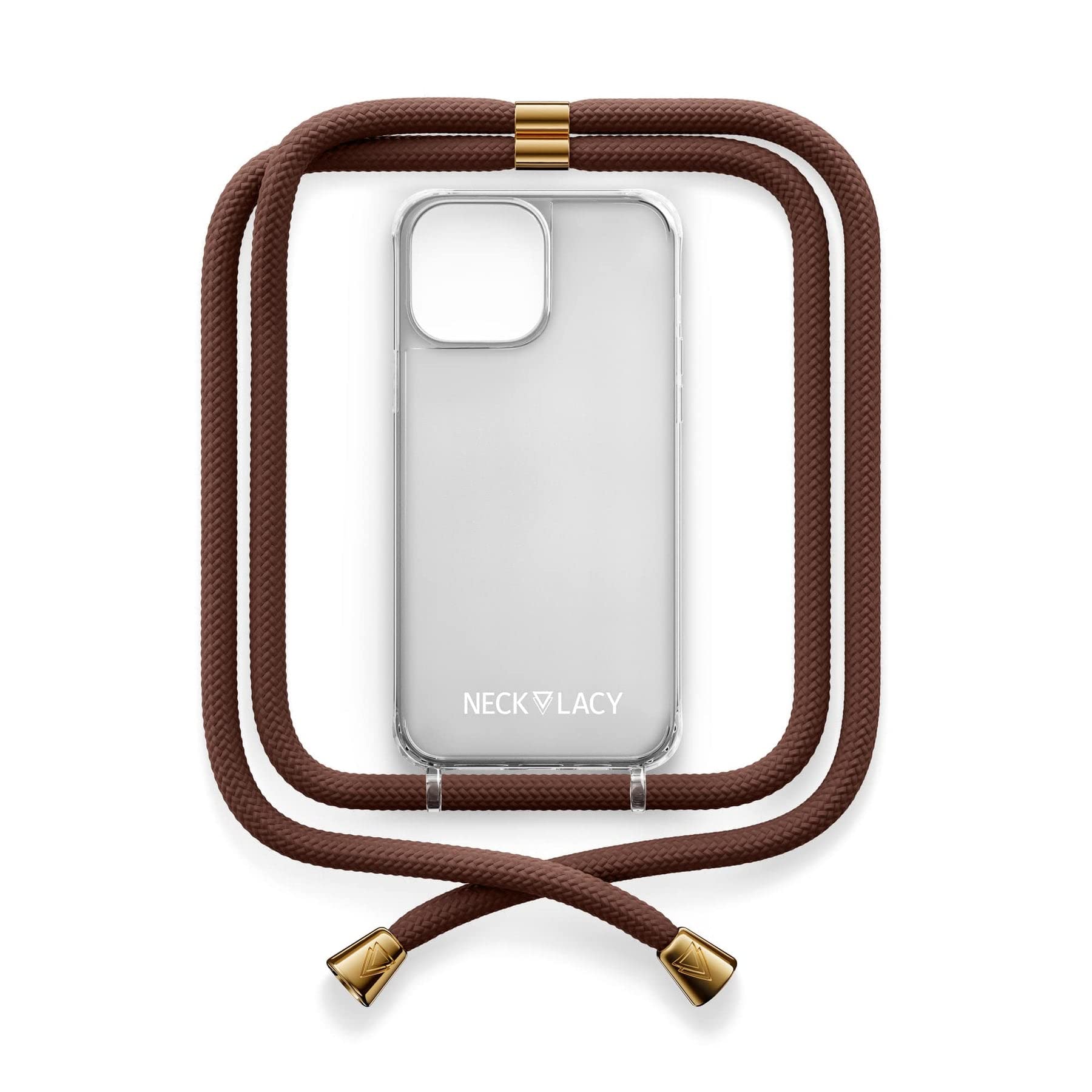 NECKLACY® - Die Premium Handykette für Apple iPhone 14 Pro Max in Noisette Brown | transparente Handyhülle mit hochwertiger Kordel zum Umhängen - Smartphone Crossbody Case