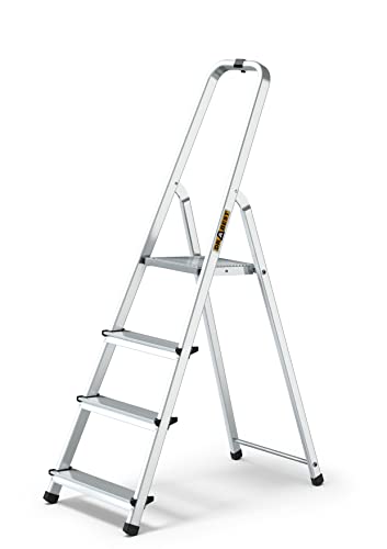 DRABEST Trittleiter 4 Stufen Klapptrittleiter Stehleiter Alu Leiter Haushaltsleiter Belastbar bis 125 kg Stufenleiter kostenloser Haken