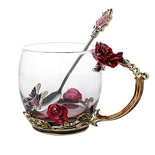 JklausTap Emaille Kaffee Tee Tasse Becher 3D Rose Schmetterling Glas Tassen Hochzeitsgeschenk Kaffeetasse, Teetasse, Wassertasse