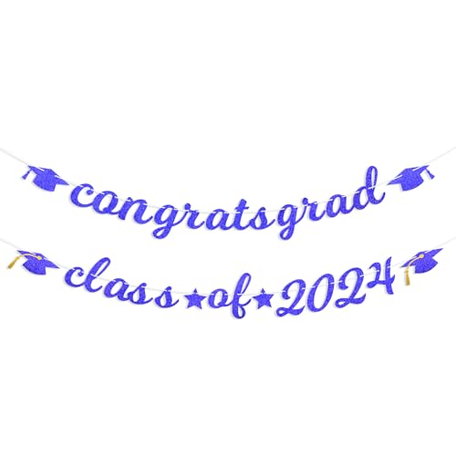 Banner mit Aufschrift "Congrats Grade Class of 2024", hängende Glitzer-Banner mit Kappe, Girlande, Wimpelkette für Fotohintergrund, College-High-School-Party-Zubehör für Wanddekoration (blau)