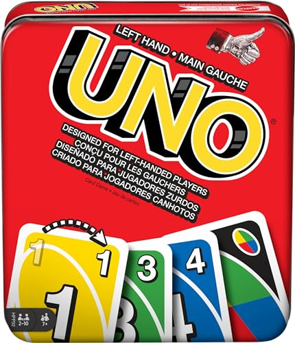 Mattel Games UNO Kartenspiele, Linkshänder Mattel Games UNO Spiel in Aufbewahrungsdose mit 112 Karten und Anleitung, Reisespiele
