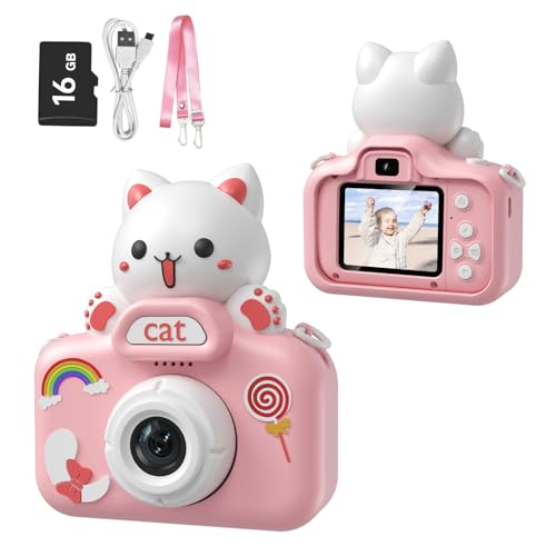 Wurkkos Kids Digital Camera,12.0 Megapixel Kamera mit Einer kindgerechten,Niedlichen Silikonhülle,geeignet als Geburtstagsgeschenk BZW.Spielzeug,2.0”Display 1080P HD Kamera mit 32GB SD Karte,Rosa
