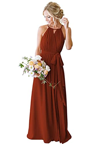 Beach Maid of Honor Gowns Elegant Long Halfter Plissee Flowy Rüschen Abend Party Kleider für Frauen, rostrot, 38