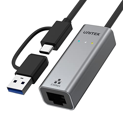 Unitek Adapter USB-A/C NA RJ45 2.5 G Ethernet | U1313C | Wtyk USB-C i Adapter USB-A | Obsługa 10/100/1000/2500 Mbps Ethernet | Aluminium-Alloy Gehäuse | Kabellänge: 30cm | Farbe: Space Grey