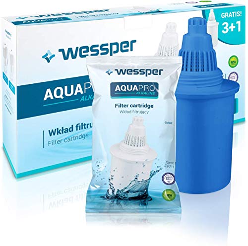 Wessper Alkalischer Wasserfilter Kartuschen 4 Stück, Wasserfilterkartusche AQUApro | Water Filter Cartridges zur Reduzierung von Chlor & Schwermetalle | Anheben des pH-Werts für Bis zu 300 L – Blau