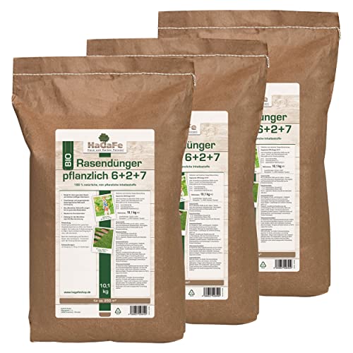 HaGaFe Bio Rasendünger Rasen - Dünger rein pflanzlich im Papierbeutel (30,3 kg (3 x 10,1 kg))