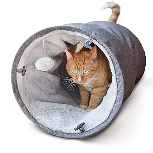 CanadianCat Company ® | Spieltunnel für Katzen mit Kuschellfell | grau | 35 x 70 cm - Variable Form, integriertes Katzenspielzeug