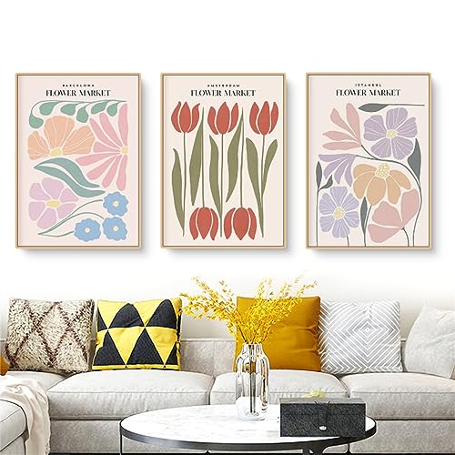 3er FLOWER MARKET Poster 50×70 Stilvolles Blumen Bilder Set Kunstdrucke Bilder Moderne Vintage Bilder Wanddeko Ohne Rahmen Premium Poster Set Für Wohnzimmer Schlafzimmer Esszimmer (60*85cm)