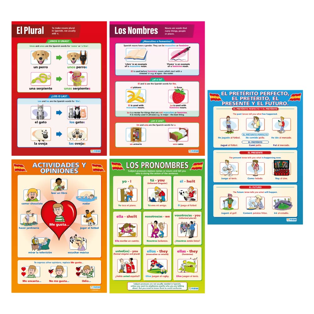 Daydream Education Poster Spanisch, Set von 5, „Language Learning Poster“, laminiertes Glanzpapier, 850 mm x 594 mm (A1), Zweitsprachen-Poster für Klassenzimmer
