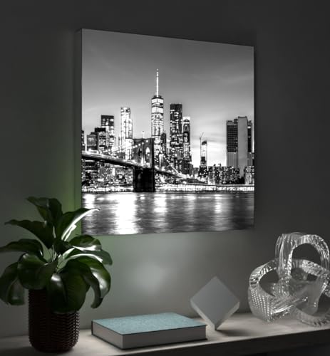 MyMaxxi - Pixlip Poster New York bei Nacht Wandbild Design Wand Dekoration, Foto schwarz weiß Leuchtrahmen - Skyline, 60x84 cm, Rahmen: Leuchtrahmen inkl. Druck