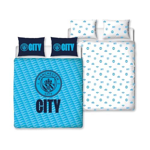 Character World Offizielles Manchester City FC Bettbezug-Set, Doppelbett, Crestcol-Design, wendbar, 2-seitiger Fußball-Bettbezug, offizielles Merchandise-Produkt, inklusive passender Kissenbezüge,