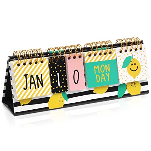Paper Junkie Lemon Ewiger Flip-Kalender für Büro-Desktop, Klassenzimmerbedarf, Schreibtischkalender mit Tag-, Datums- und Monatsanzeige für Planung, Zuhause, Küche Dekor (20,3 x 8,9 cm)