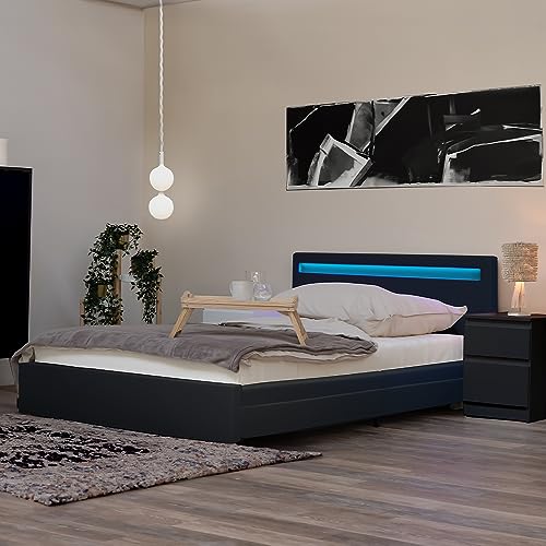 Home Deluxe - LED Bett Nube - dunkelgrau 140 x 200 cm inkl. Ortho Basic Matratze - inkl. Schublade I Polsterbett Design Bett inkl. Beleuchtung