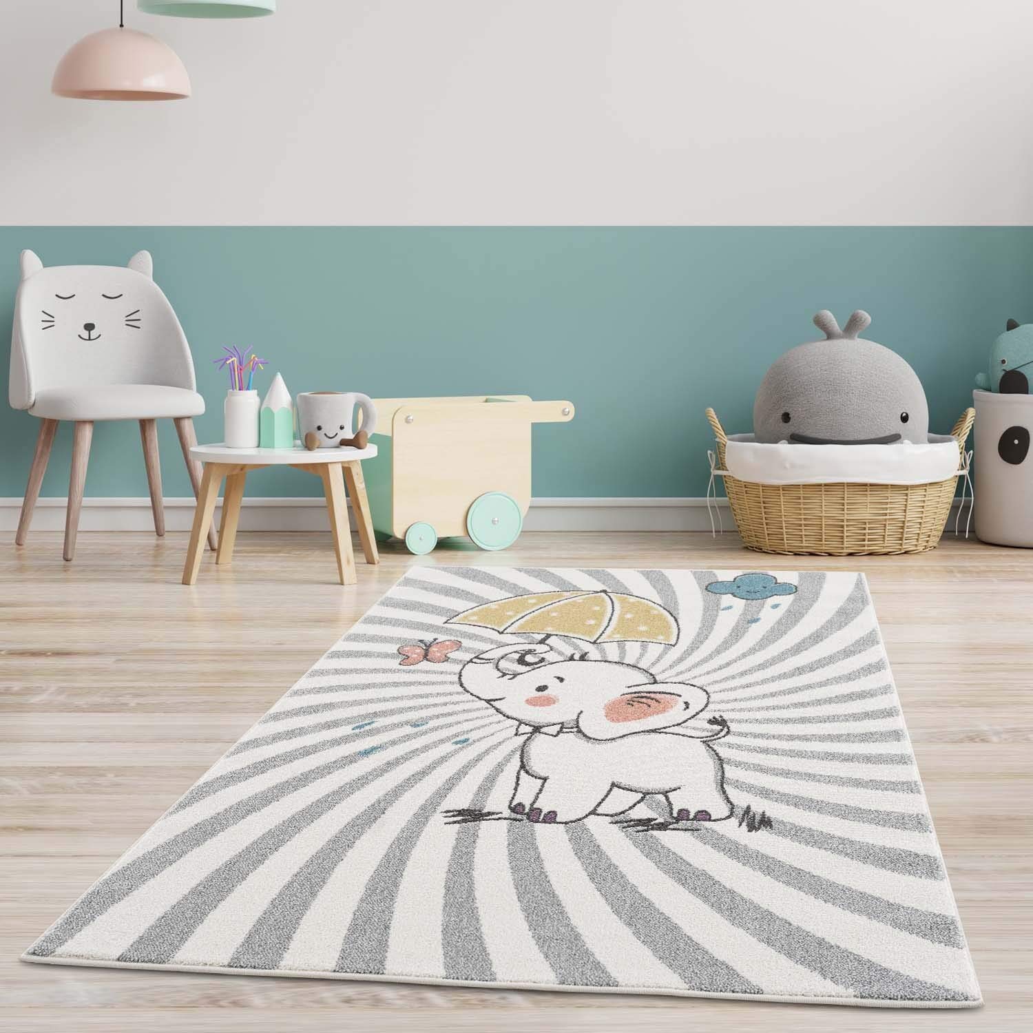 Kinderteppich - Tier-Motiv Baby-Elefant 140x200 cm Creme Multi - Kinderzimmer Teppich Modern
