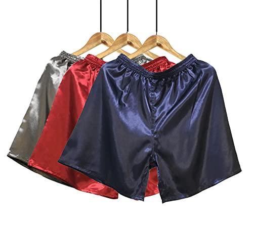 Wantschun Herren Satin Silk Schlafanzughose Nachtwäsche Boxershorts Kurz Pyjama Bottom Shorts Locker Unterhosen Unterwäsche Grau+Rot+Blau EU S