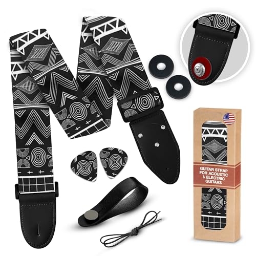 schwarz und weiß 2 "Gitarrengurt - retro Aztec Gitarrengurt Bundle enthält 2 Gurtschlösser & 2 einzigartige Picks, geeignet für Bass, elektrische & akustische Gitarre Lebensdauer