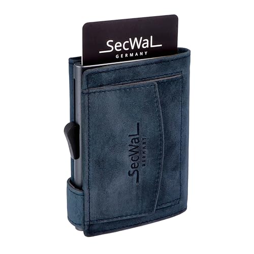 SecWal Kreditkartenetui mit Münzfach Druckknopf - Echtleder Mini Geldbörse inkl. E-Book für Damen und Herren - RFID Schutz (Hunter Blau)