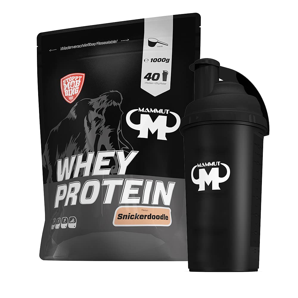 1kg Mammut Whey Protein Eiweißshake - Set inkl. Protein Shaker, Riegel, Powderbank oder Tasse (Snickerdoodle, Gratis Mammut Shaker)