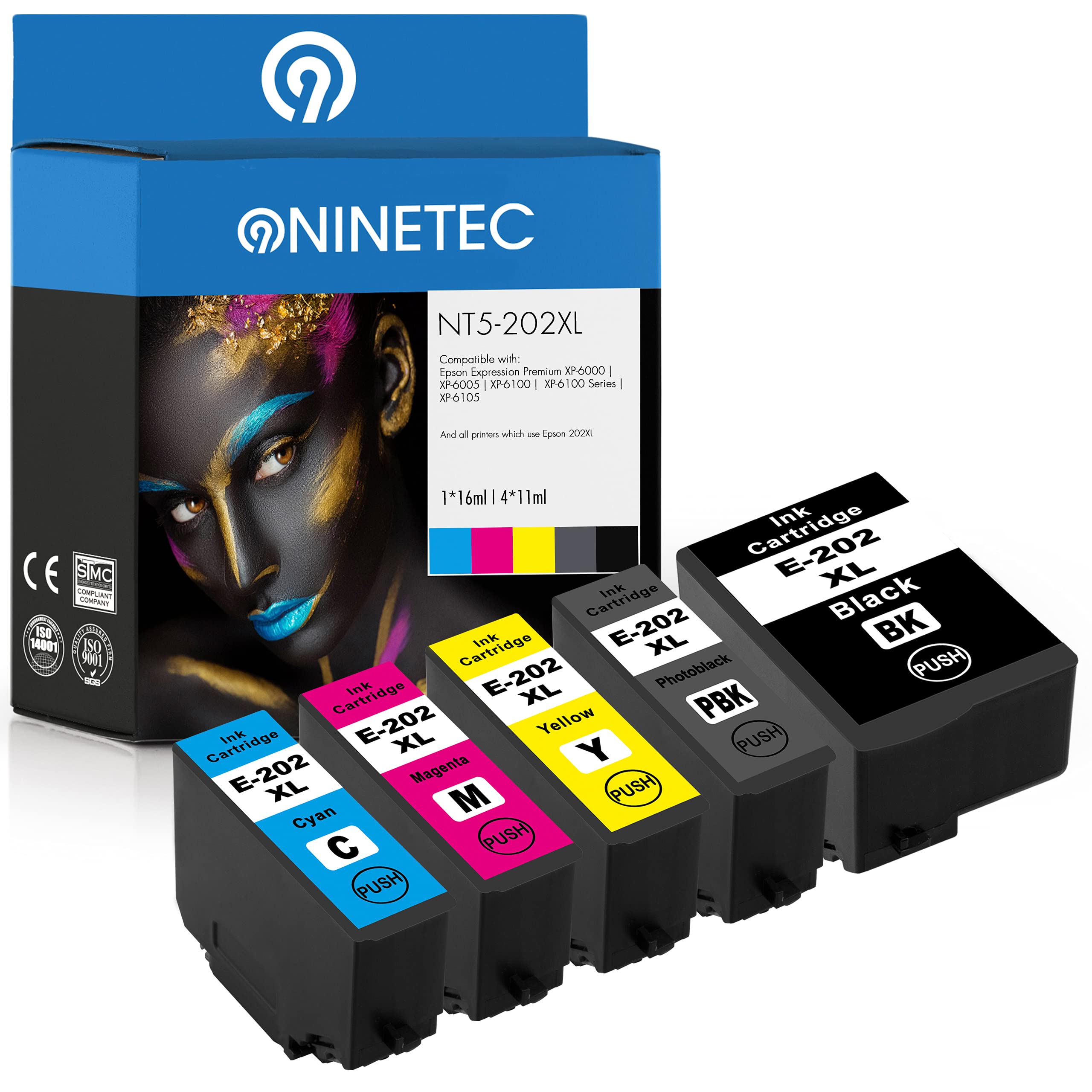 NINETEC 5 Druckerpatronen kompatibel mit Epson 202 XL für Epson XP6000 XP6005 XP6100 XP6100 Series XP6105 Multipack NT5-202XL