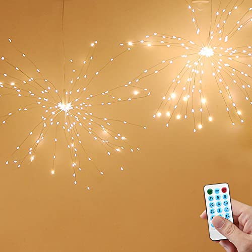Hawofly Feuerwerk LED Licht,USB-betriebene hängende Starburst-Lichter, Blumenstrauß-Form mit Fernbedienung, 8 Leuchtmodi für Weihnachtsfeier (2 Stück) (Kaltes Weiß)