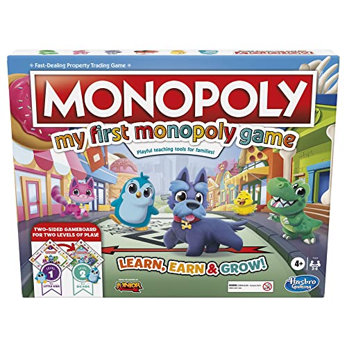 Mein erstes Monopoly-Spiel, Brettspiel für Kinder ab 4 Jahren, 2-seitiges Spielbrett, Spielerische Lehrwerkzeuge für Familien