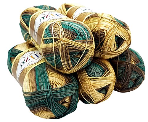 5 x 100 Gramm Alize Diva Batik Wolle mehrfarbig mit Farbverlauf, 500 Gramm merzerisierte Strickwolle Microfiber-Acryl (gold grün grau 3307)