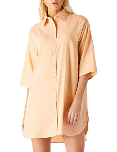 Amazon Brand - find. Lässiges Damenkleid Halblange Ärmel Bündchen Knopfleiste Mini-Shirt-Kleid Übergröße V-Ausschnitt Hemdblusenkleid, Pfirsichrosa, Size 2XL
