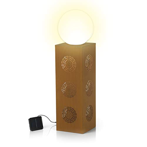 Hoberg LED Dekosäule Mandala Design in Rost-Optik | Mit Kugelleuchte und DREI Lichteffekten (Ø 23cm) In- und Outdoor geeignet | Integrierte Beleuchtung, 6h Timer | [ 21 x 21 x 84 cm]