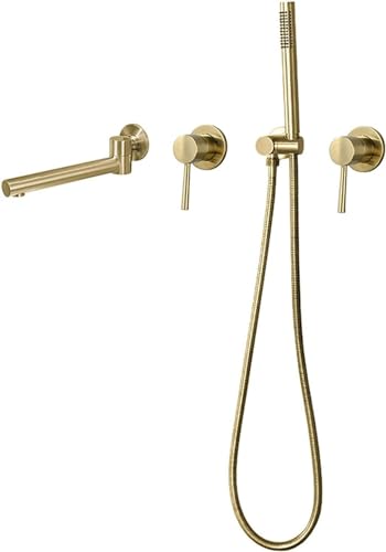JQFDD Bath Tap with Hand Shower, Brass Bath Fitting, Wall Mount, Bath Tap, Double Handle Bath Tap with 1.5 m Hose, Brushed Gold
