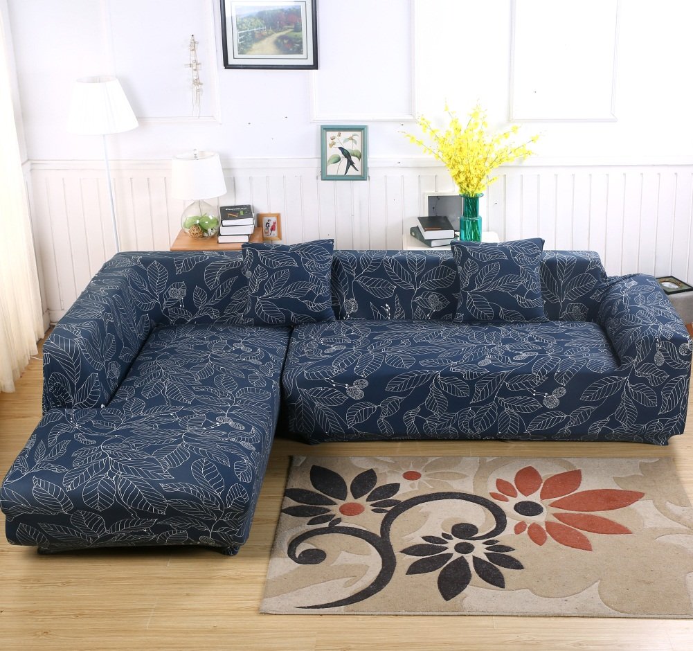 Jian Ya Na L-Form-Stretch Sofabezüge Polyester Spandex Stoff Slipcover 2ST Polyester-Gewebe Stretch Slipcovers + 2pcs Kissenbezüge für Sectional Sofa Couch Blau (Blätter)