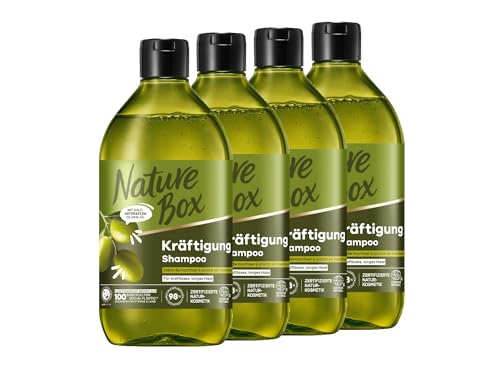 Nature Box Shampoo Kräftigung (4x 385 ml), Shampoo für lange Haare mit Oliven-Öl schützt vor Haarbruch und verleiht gepflegtes Haar, Flasche aus 100% recyceltem Social Plastic