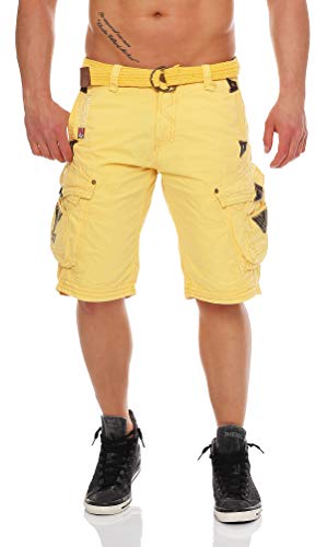 Geographical Norway Herren Shorts Pratique Perle Kurze Hose Männer mit Gürtel Bestickt Cargoshorts gelb L