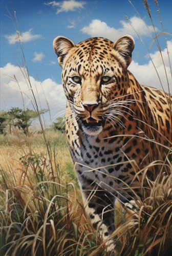 AMBATTERY DIY Set Erwachsene Knüpfset Mit Leoparden-Tier-Ölgemälde Und Vorgedrucktem Muster Für Erwachsene, Handgefertigter Knüpfteppich Zum Selbermachen 31x63in