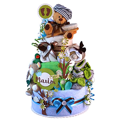 MomsStory – Windeltorte Junge | DIY Windelgeschenk Teddy | Baby-Geschenk zur Geburt Taufe Babyparty | 3 Stöckig (Blau-Braun) XXL Geburtsgeschenk