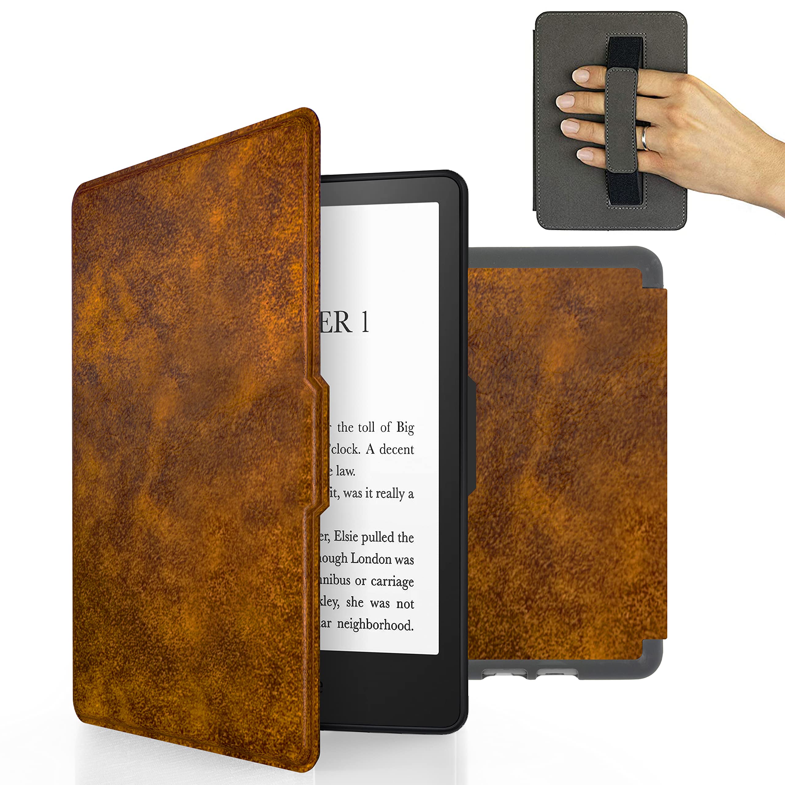 MyGadget Kunstleder Hülle für Amazon Kindle Paperwhite 7. Generation (bis 2017-6 Zoll) mit Handschlaufe & Auto Sleep | Wake Funktion in Braun