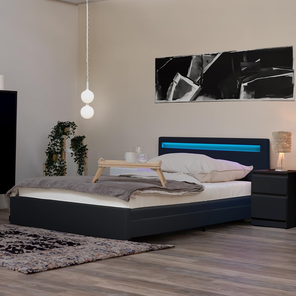 Home Deluxe - LED Bett NUBE - Dunkelgrau, 140 x 200 cm - inkl. Matratze, Lattenrost und Schubladen I Polsterbett Design Bett inkl. Beleuchtung