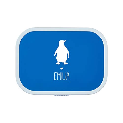 4you Design Personalisierte Blaue Brotdose -Pinguin Silhouette- mit Namen – inkl. Bento-Box & Gabel für Schule & Kindergarten, Geschenk für Kinder (Blau)