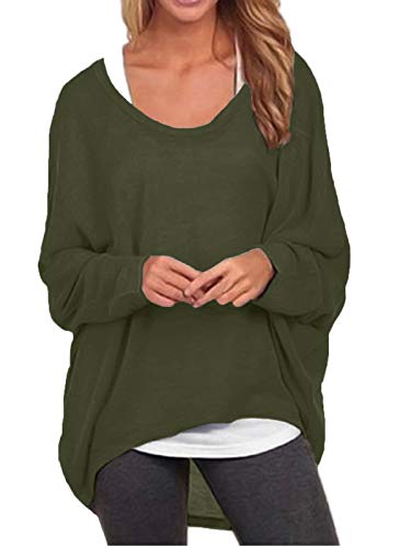 ZANZEA Damen Lose Asymmetrisch Jumper Sweatshirt Pullover Bluse Oberteile Oversize Tops Armee-grün XL