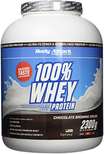 Body Attack - 100% Whey Protein, 2 x 2,3kg Choc. Brownie - Made in Germany - extra cremiges Eiweißpulver mit Hydrolysat und BCAA´s, unterstützt Muskelaufbau und Diäten, für alle Sportler & Athleten