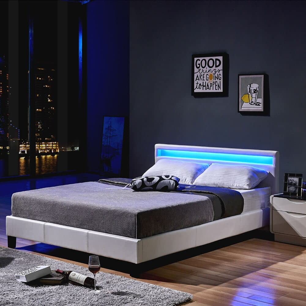 Home Deluxe - LED Bett Astro - Weiß, 140 x 200 cm - Inkl. Lattenrost I Polsterbett Design Bett inkl. Beleuchtung